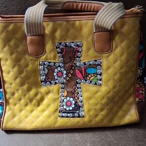 Yellow Quilted Women's Bag with Cross Design